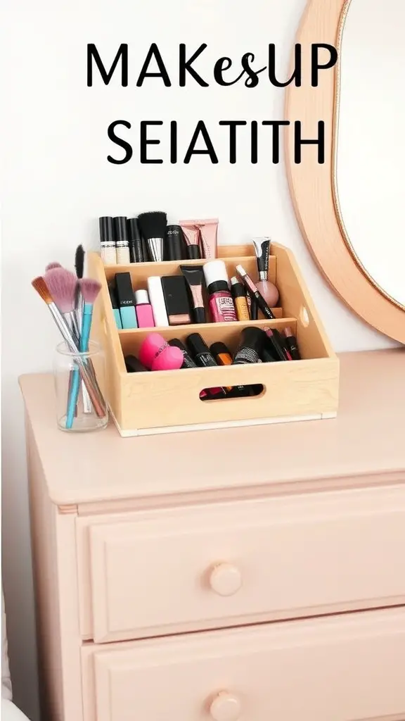 19+Creative Makeup Storage Ideas You Need to Try 10 A wooden tray filled with various makeup products and brushes on a dresser.