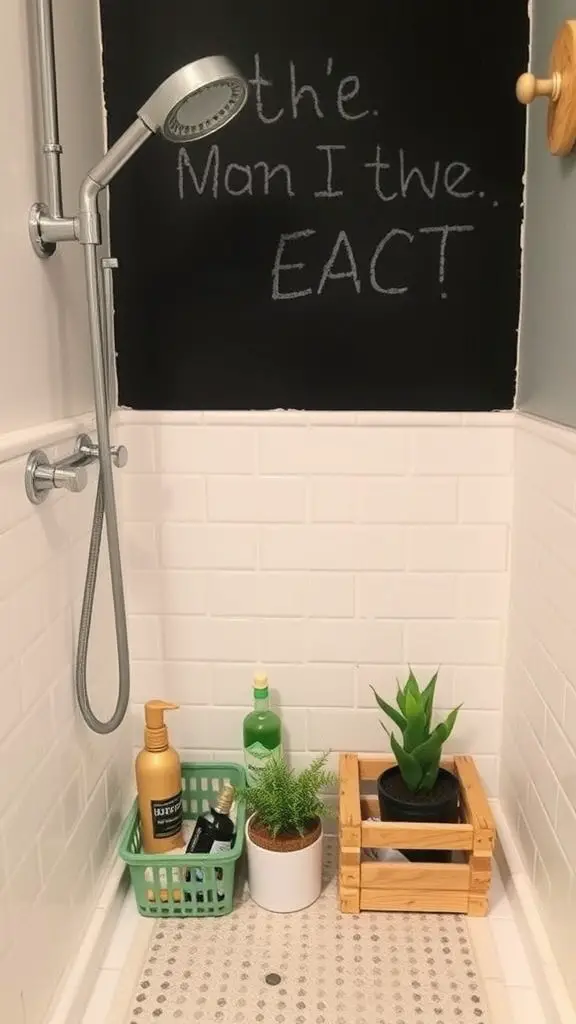 15+ Stylish Shower Storage Ideas to Maximize Space 16 A shower area featuring a green basket for toiletries, a wooden crate with a potted plant, and a chalkboard wall.