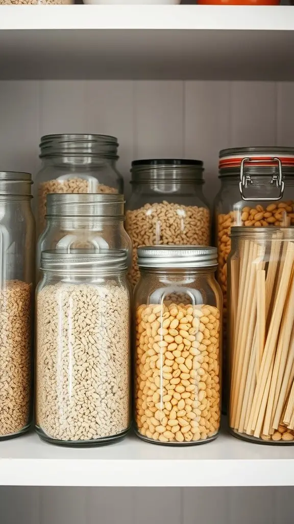 19 Affordable Dollar Tree Kitchen Organization Ideas You Need to Try 12 A shelf filled with various glass jars containing pantry items like grains and snacks.
