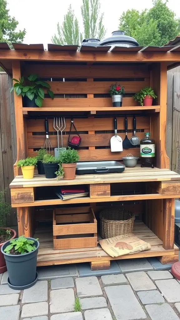 A repurposed pallet grill station with shelves, plants, and grilling tools.