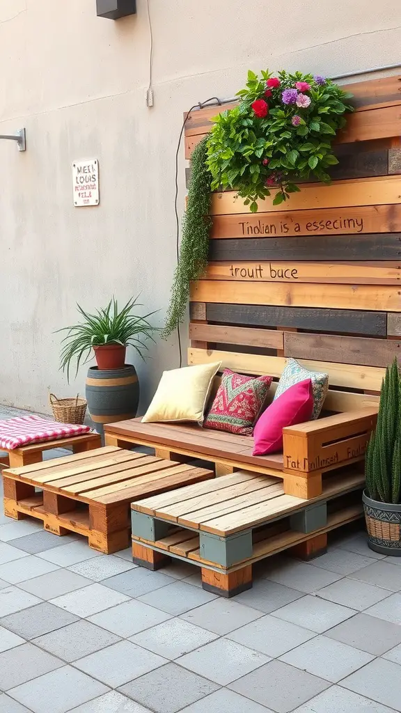 Cozy outdoor seating made from repurposed wooden pallets with colorful cushions and surrounding plants.