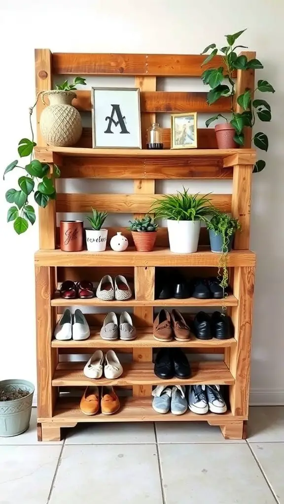 21+Creative DIY Shoe Rack Ideas to Organize Your Space 7 A wooden pallet shoe organizer with multiple shelves displaying shoes and potted plants.