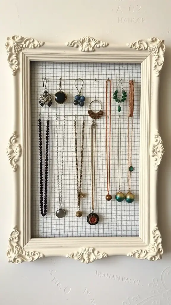 A repurposed picture frame displaying various pieces of jewelry, including necklaces and earrings, arranged on a mesh backing.