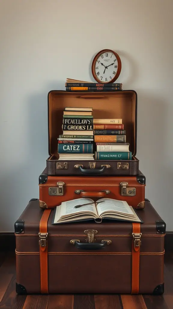 23 Creative Book Storage Ideas for Every Home 3 A stack of vintage suitcases used for book storage, with books inside and on top, along with a clock.