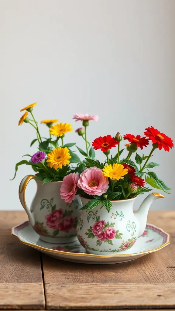 21 Charming Vintage Garden Decor Ideas to Transform Your Outdoor Space 10 Two vintage tea pots filled with colorful flowers on a wooden table.