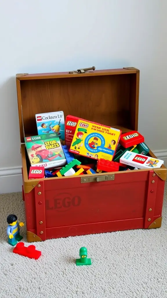 A red toy chest filled with LEGO bricks and boxes, with a few LEGO figures nearby.
