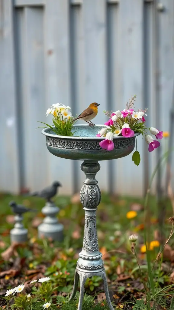 21 Creative Bird Bath Ideas for Stunning Landscaping 6 A vintage bird bath with flowers and a bird perched on the edge, set in a garden.