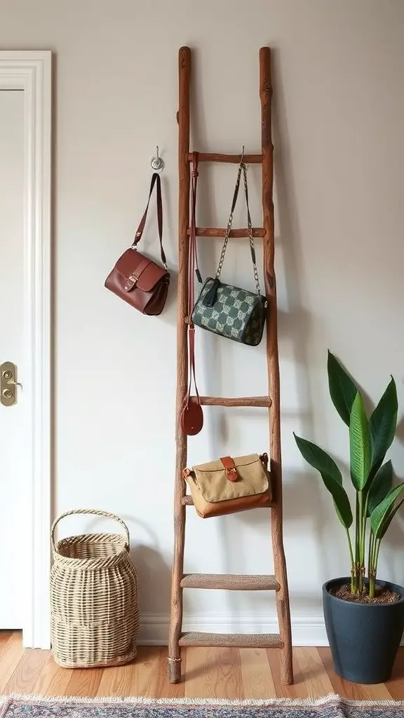 A vintage wooden ladder displaying various purses, with a decorative basket and plant nearby.
