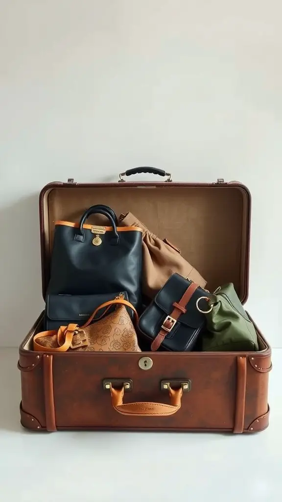 A vintage suitcase filled with various handbags, showcasing a stylish storage solution.