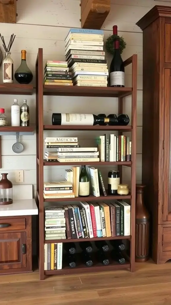 23+ Creative Book Storage Ideas for Every Space 11 A wooden wine rack repurposed as a bookshelf, displaying books and wine bottles.