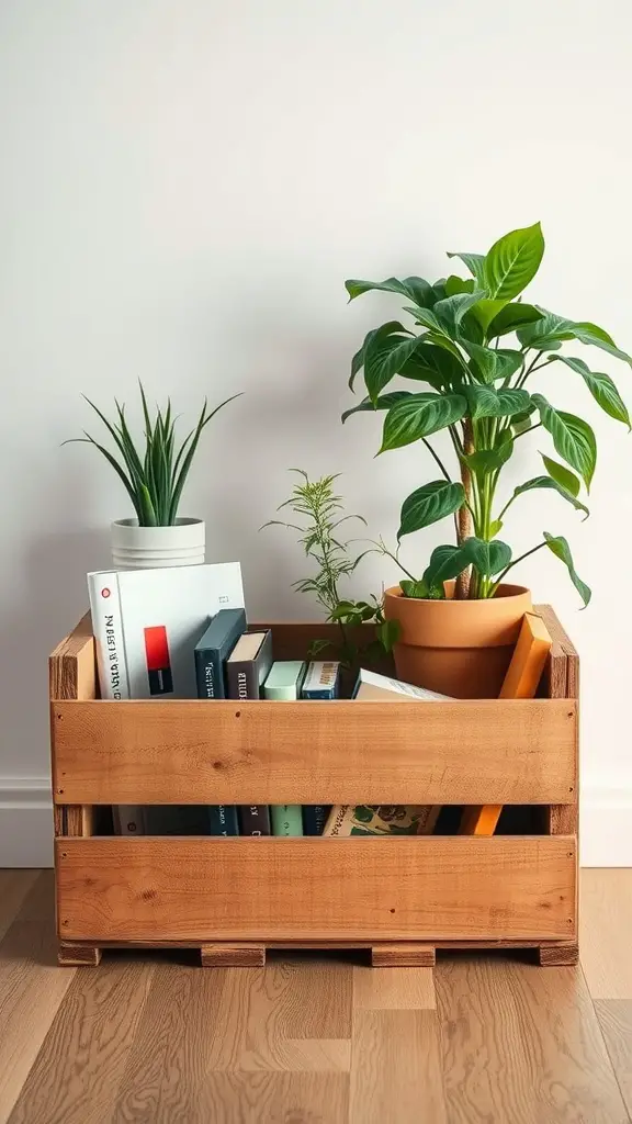 19 Creative DIY Storage Box Ideas You Need to Try 7 A wooden crate filled with books and potted plants, showcasing a cozy storage solution.