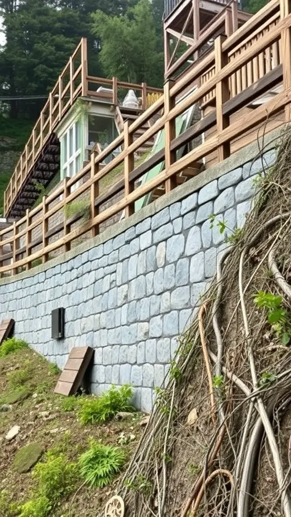 19 Creative Steep Hill Landscaping Ideas to Transform Your Yard 6 A stone retaining wall supporting a steep hill with wooden fencing and greenery.
