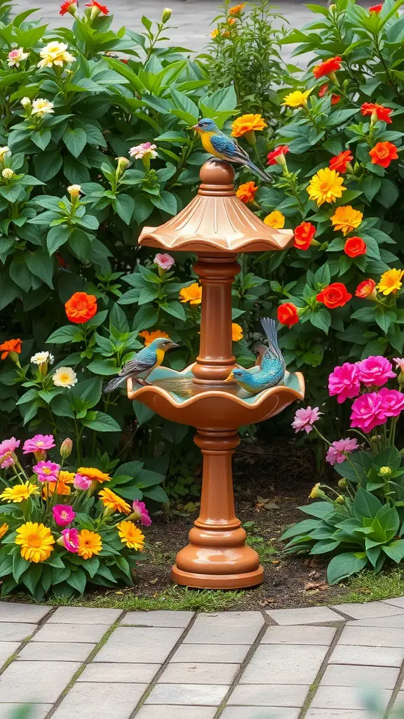 17 Charming Vintage Garden Decor Ideas to Enhance Your Outdoor Space 12 A retro bird bath surrounded by colorful flowers in a garden.