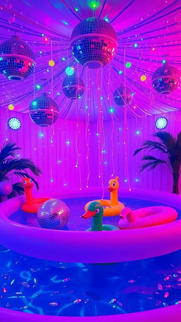 An inflatable pool with disco balls and colorful lights, featuring inflatable ducks and a disco ball floating in the water.