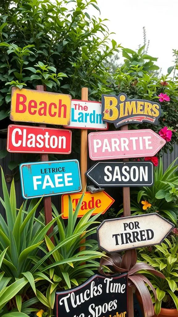 17 Charming Vintage Garden Decor Ideas to Enhance Your Outdoor Space 10 A collection of colorful retro metal garden signs with playful destinations.