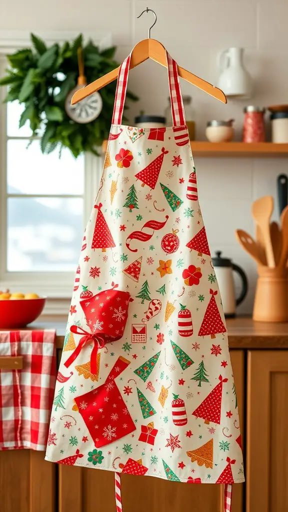 A reversible holiday apron with festive patterns hanging in a cozy kitchen.