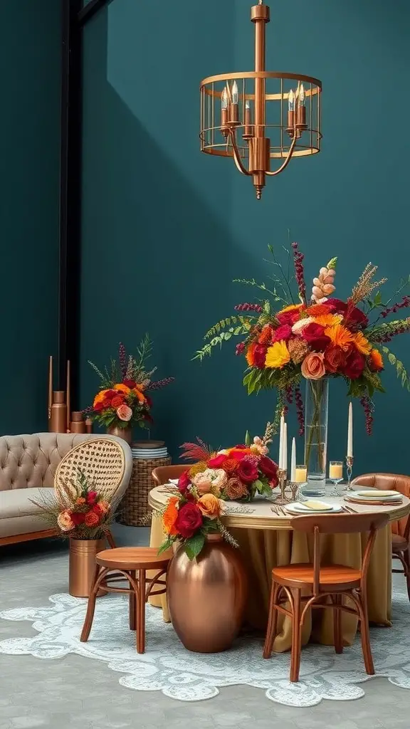 A beautifully arranged winter wedding table setting featuring rich teal walls and copper accents, with vibrant floral arrangements.