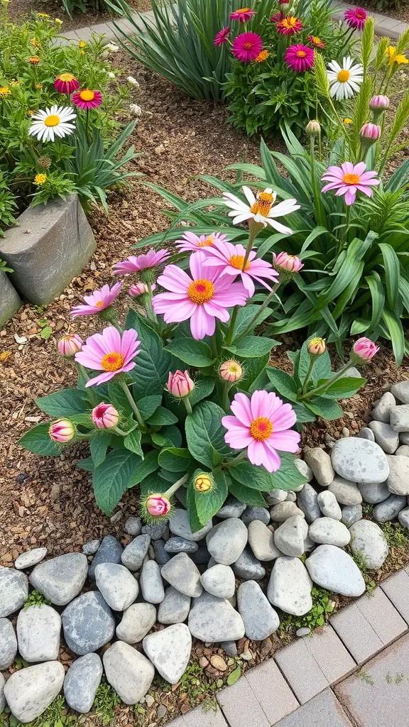 19 Creative Rock Landscaping Ideas for a Stunning Outdoor Space 7 Colorful flowers surrounded by smooth stones in a flower bed.