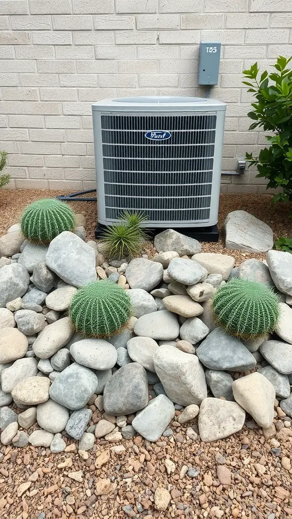 17 Creative Landscaping Ideas to Hide Your AC Unit 7 Rock garden with cacti and stones surrounding an air conditioning unit