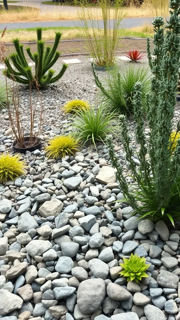 19 Creative Rock Landscaping Ideas for a Stunning Outdoor Space 16 A rock garden featuring various plants and stones, showcasing rock mulch for moisture retention.