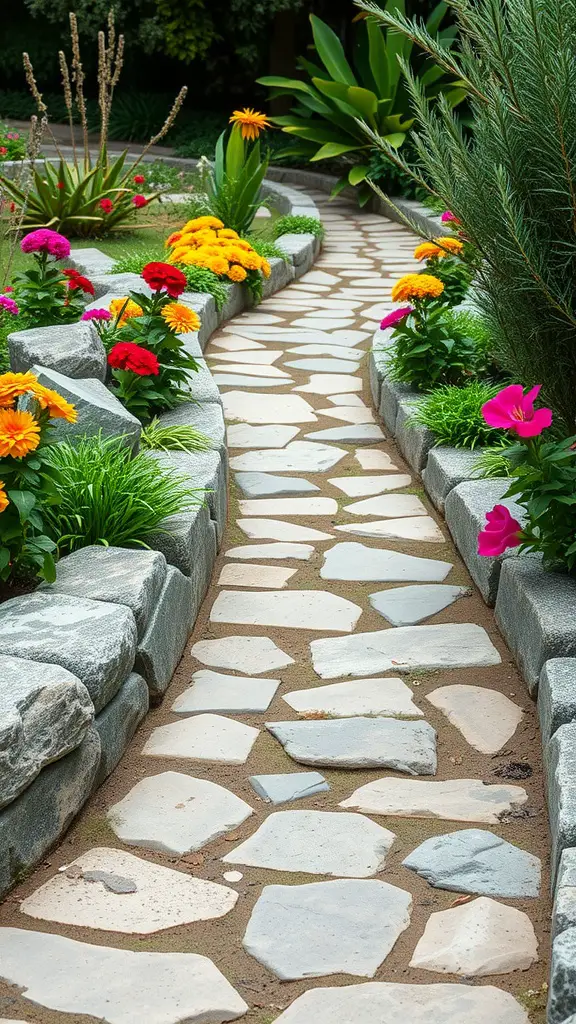 19 Creative Rock Landscaping Ideas for a Stunning Outdoor Space 2 A stone pathway surrounded by colorful flowers and greenery.