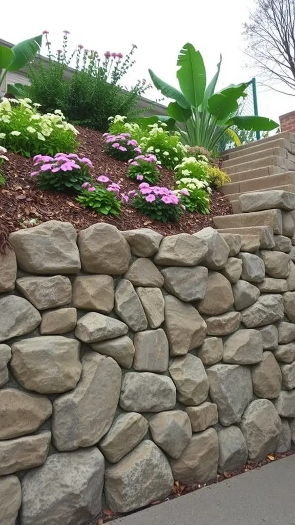 19 Creative Rock Landscaping Ideas for a Stunning Outdoor Space 5 A stone retaining wall with colorful flowers and greenery above it.