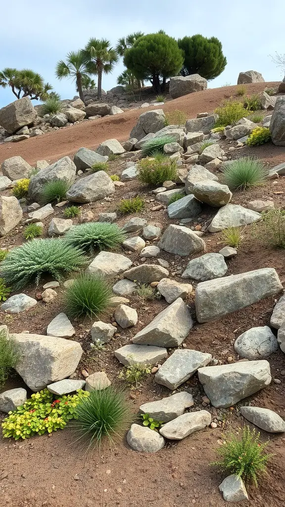 19 Creative Rock Landscaping Ideas for a Stunning Outdoor Space 13 A rocky hillside with various plants and stones, showcasing a natural landscape design.