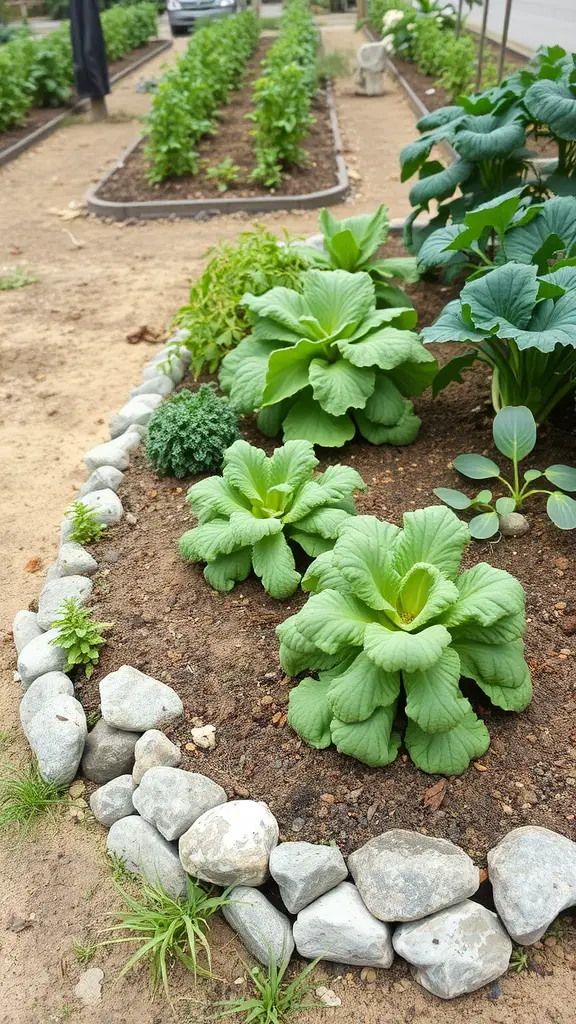 19 Creative Rock Landscaping Ideas for a Stunning Outdoor Space 15 A vegetable garden with a rocky border, featuring leafy greens and herbs.