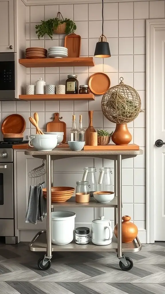 19 Affordable Dollar Tree Kitchen Organization Ideas You Need to Try 8 A rolling kitchen cart with various kitchen items on display.