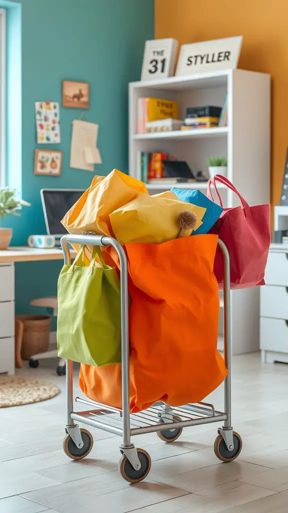 A rolling cart filled with colorful bags in a modern workspace