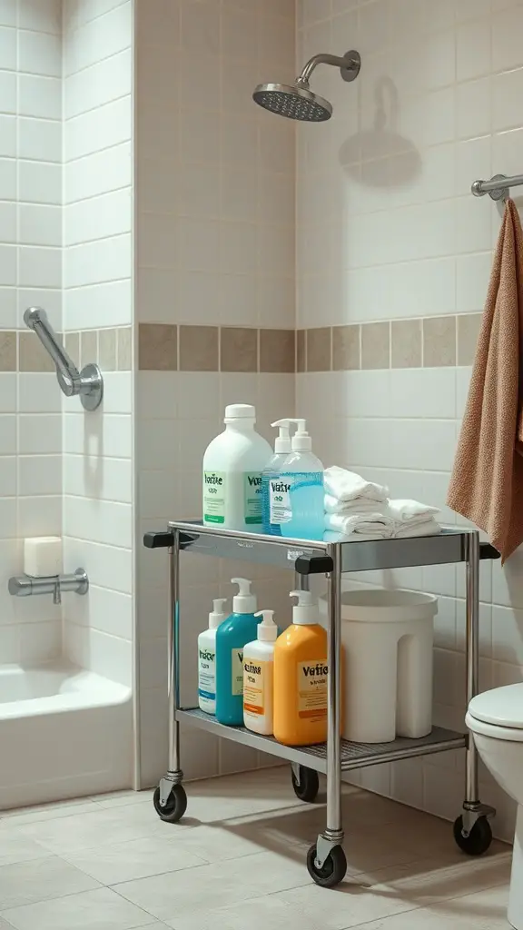 15+ Stylish Shower Storage Ideas to Maximize Space 14 A rolling cart in a bathroom with various bottles of shampoo and towels.