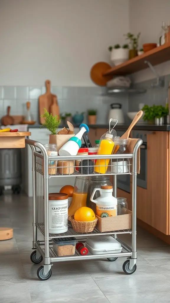 17 Smart Small Kitchen Storage Ideas You’ll Love 11 A rolling cart filled with jars, fruits, and kitchen essentials in a modern kitchen.
