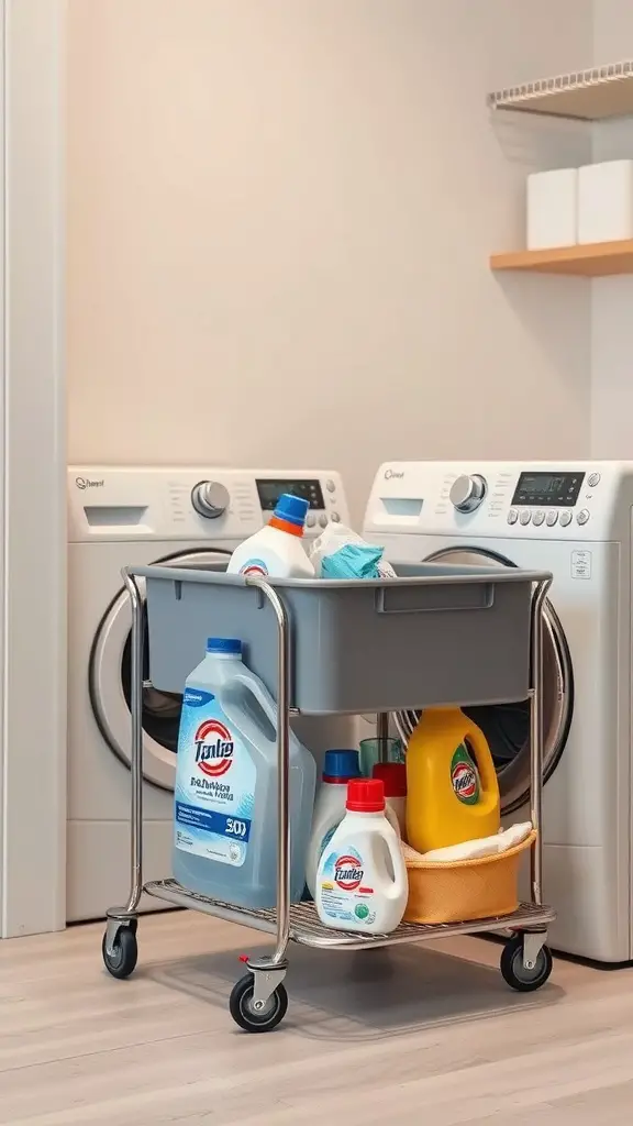 23 Creative Laundry Room Storage Ideas You Need to Try 6 A rolling cart filled with laundry supplies in a modern laundry room.