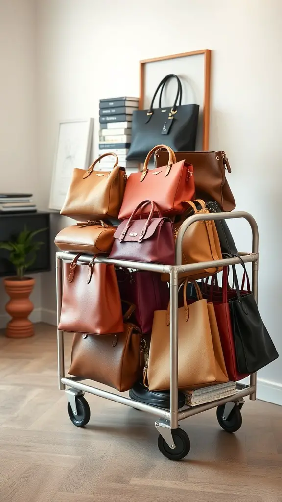 A rolling cart filled with various handbags in different colors and styles, showcasing a stylish and organized storage solution.