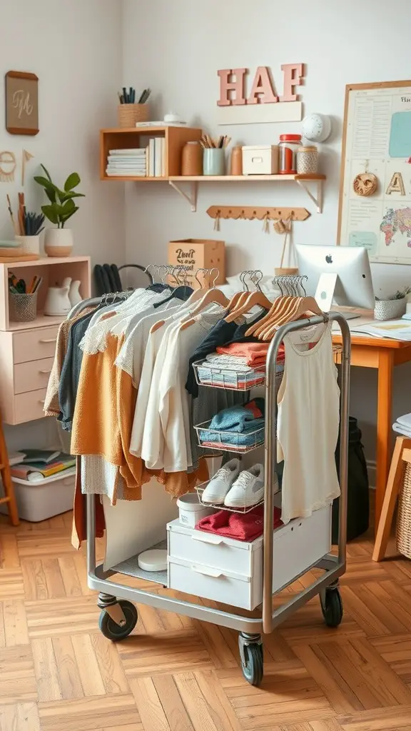 19+ Creative No Closet Solutions for Every Space 6 A rolling cart filled with clothes, shoes, and storage baskets in a stylish room.