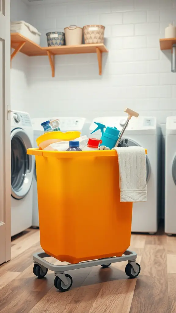 23+Creative Laundry Room Storage Ideas You Need to Try 9 A bright yellow rolling cart filled with cleaning supplies in a laundry room.