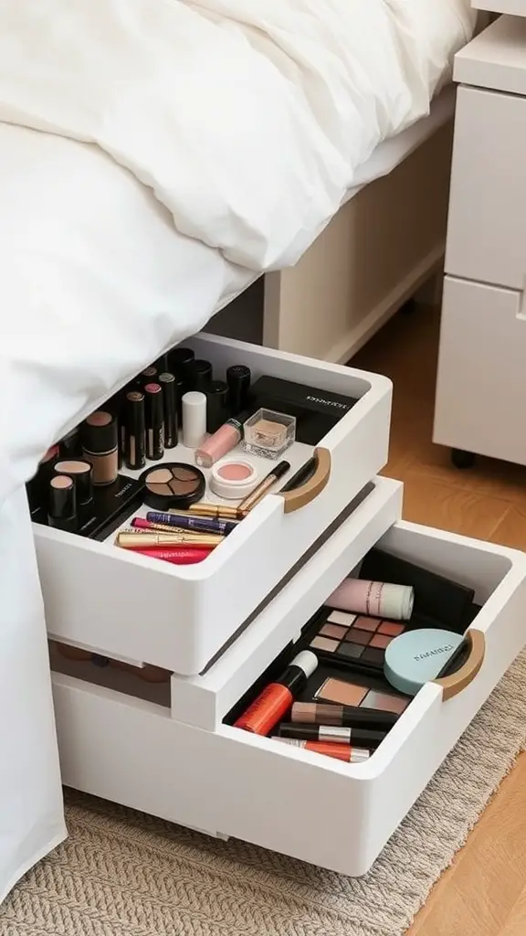19+Creative Makeup Storage Ideas You Need to Try 13 Rolling drawers under a bed filled with makeup products