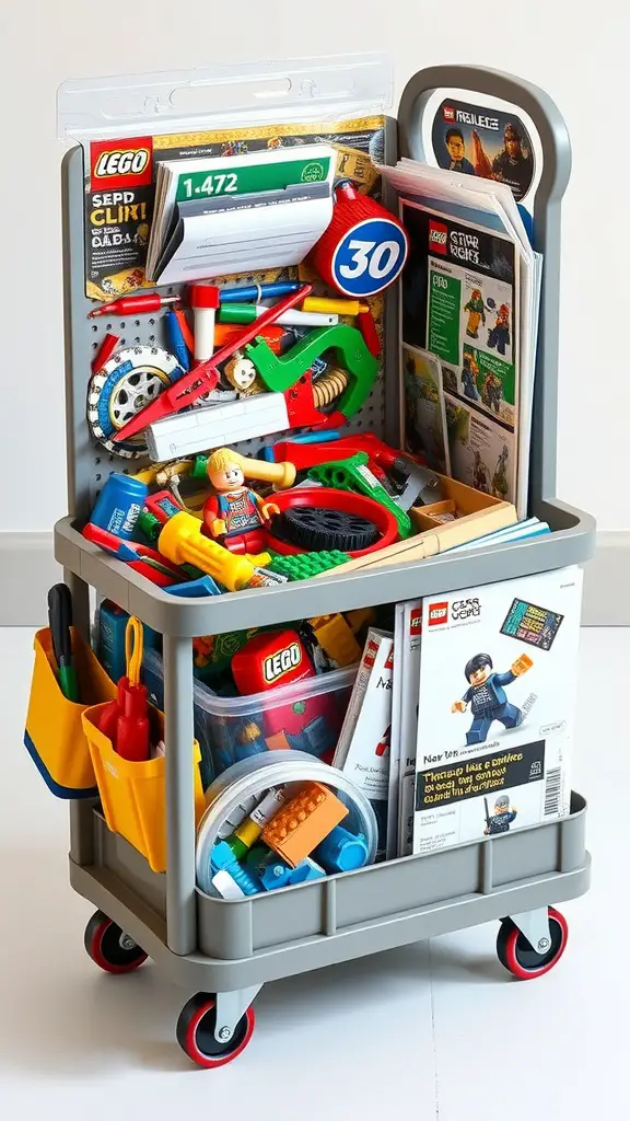 A colorful rolling cart filled with LEGO pieces, figures, and instruction booklets, showcasing organized storage.