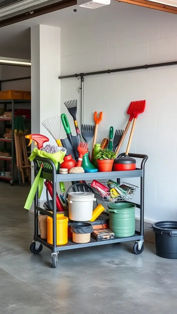 37+Genius Ideas for Garage Storage Organization 7 A rolling storage cart filled with colorful gardening tools and containers in a garage.