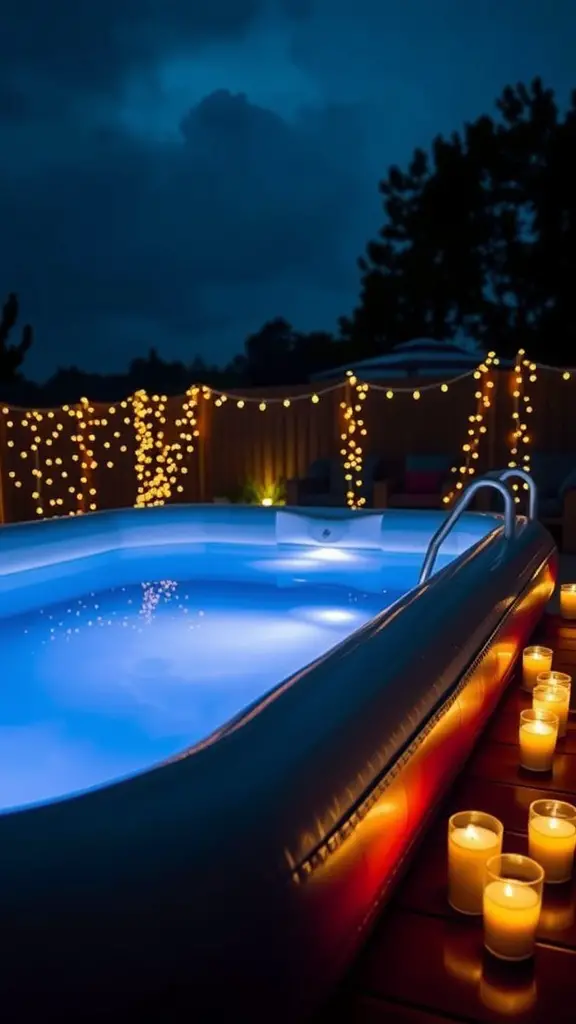 A romantic evening pool setup with fairy lights and candles.
