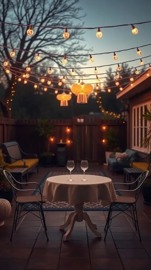 23+ Creative Patio String Light Ideas to Transform Your Outdoor Space 14 A cozy patio with heart-shaped string lights, a small table set for two, and a warm evening glow.