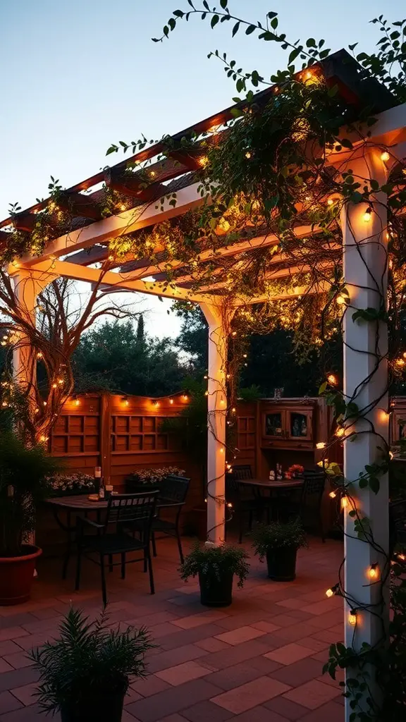 15 Inspiring Outdoor Patio Ideas for Your Dream Space 9 A romantic pergola with string lights and plants, creating a cozy outdoor space.