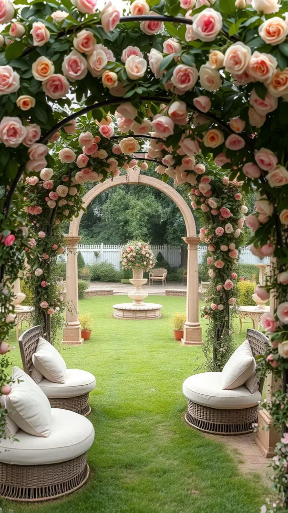 15 Stunning French Garden Ideas to Transform Your Outdoor Space 9 A beautiful garden with a rose-covered arbor, featuring comfortable seating and a fountain.