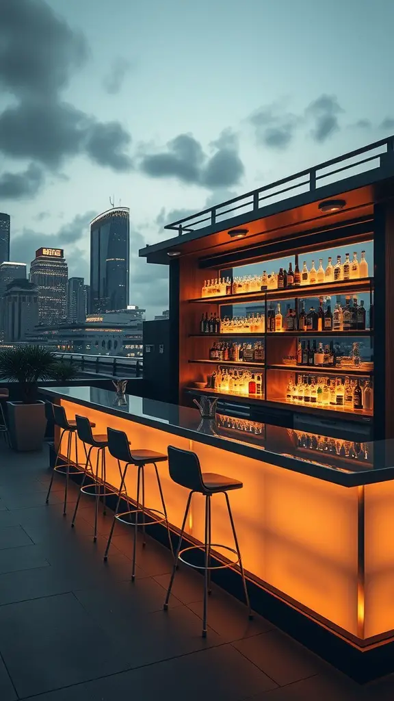 27 Stunning Rooftop Patio Designs for Your Outdoor Oasis 4 Stylish rooftop bar with glowing orange lighting and a view of the city skyline.