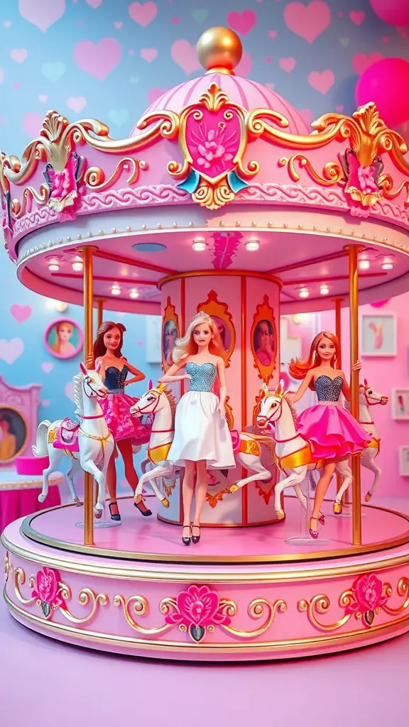 17 Creative Storage Ideas for Your Barbie Collection 6 A colorful rotating carousel featuring Barbie dolls on miniature horses, showcasing a playful storage solution.