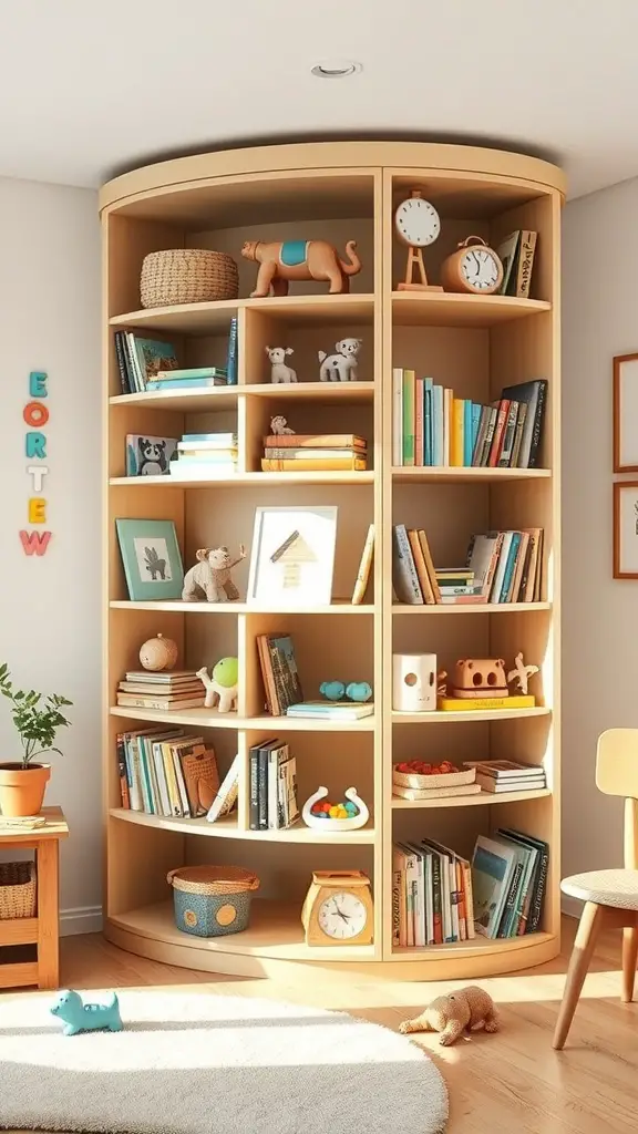 A rotating bookcase filled with books and toys, designed for easy access in a cozy room.