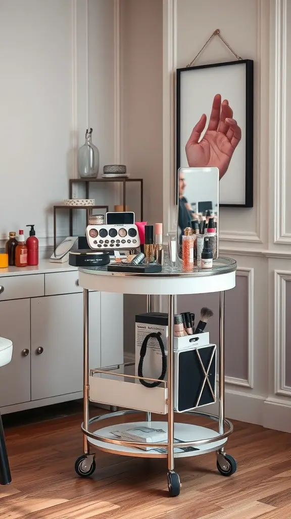 19+Creative Makeup Storage Ideas You Need to Try 6 A stylish rotating makeup cart filled with various makeup products, showcasing organization and mobility.