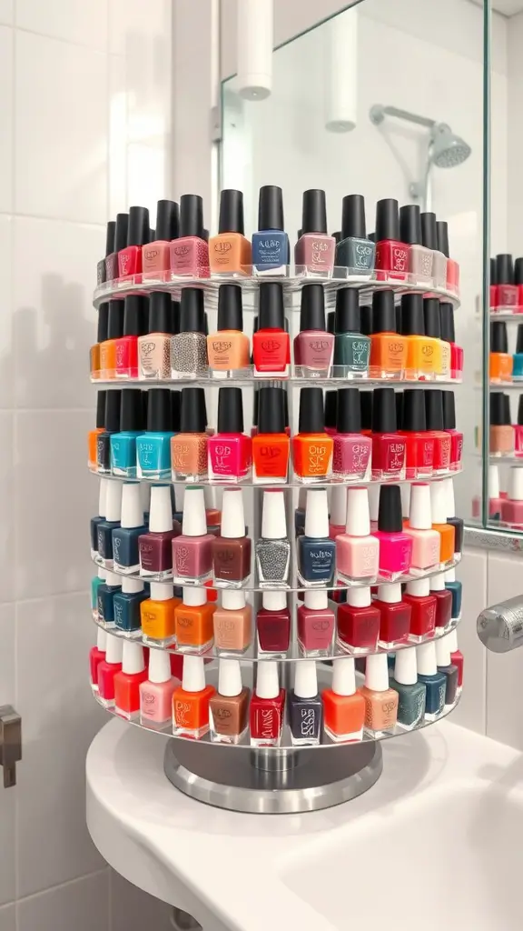 19+Creative Nail Polish Storage Ideas You’ll Love 9 A rotating nail polish rack filled with a variety of nail polish colors.