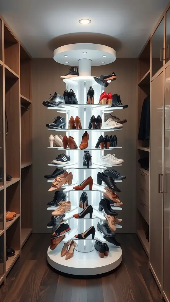21+Creative DIY Shoe Rack Ideas to Organize Your Space 12 A rotating shoe carousel displaying various types of shoes in a modern closet