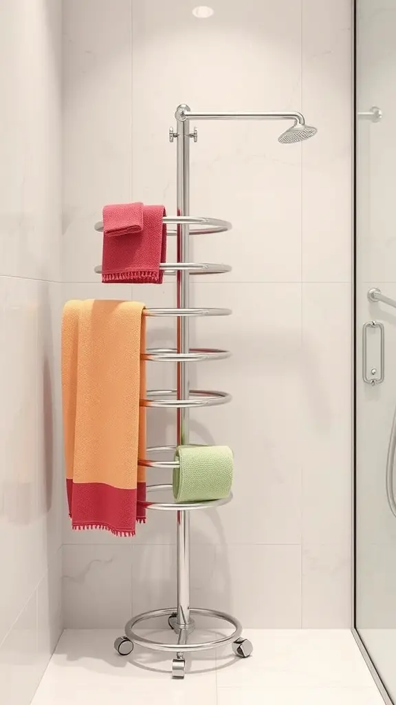 A modern rotating towel rack with colorful towels in a bathroom setting.